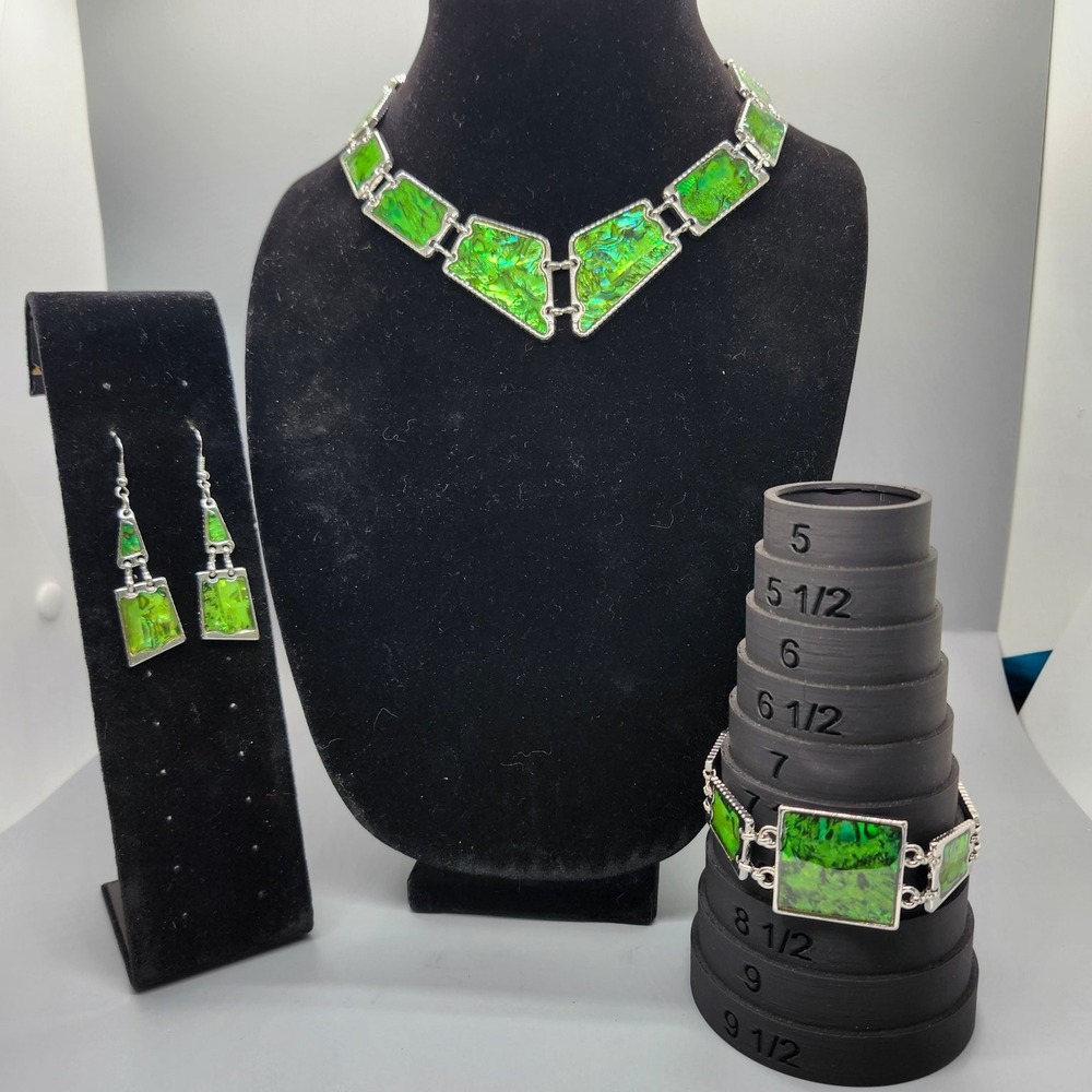 Iridescent Green Abalone Shell Inlay 3 PC Necklace Bracelet Earrings Set